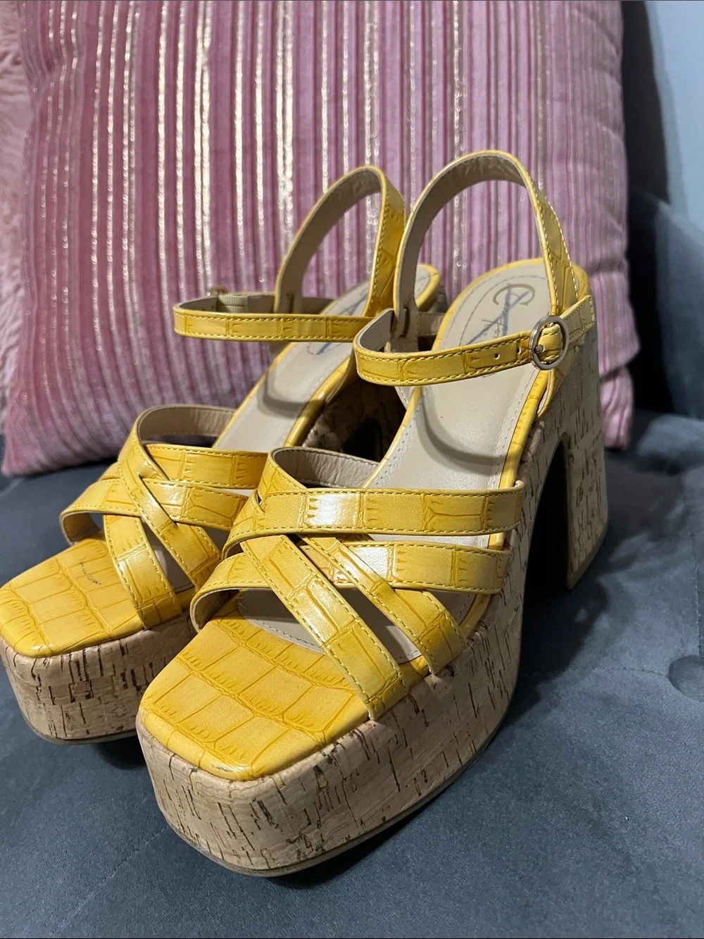 Yellow Platform Sandals with Cork Heel - Women